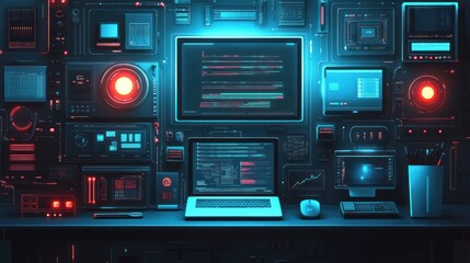 Fototapeta premium Futuristic tech workspace with screens and controls.