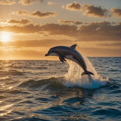 Fototapeta premium A beautiful dolphin leaping out of the ocean at sunset, surrounded by golden light.