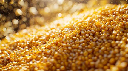 A close-up shot of a pile of golden corn kernels with a bokeh background.
