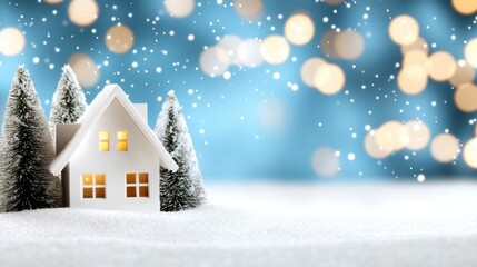 Cozy Winter Scene Featuring Icy Trees and Soft Snowfall in a Northern Setting with a Charming House Surrounded by Glittering Winter Lights