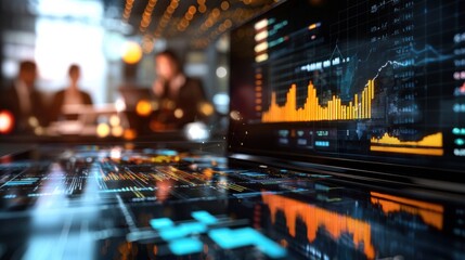 A Dynamic Reporting Scene Showcasing a Diverse Team Analyzing Data Trends on a Laptop in a Modern Office Environment with Interactive Visualizations
