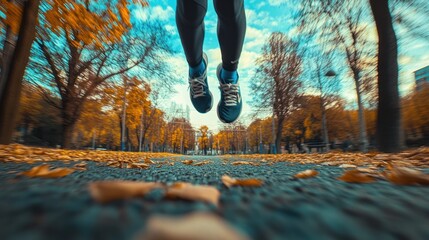 Runner in autumn park with falling leaves.