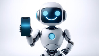 AI robot holding phone and showing on white screen of phone with smile and happy feeling on white