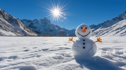 Obraz premium A Cheerful Snowman Standing in the Snowy Mountains Under a Bright Blue Sky with a Radiant Sun, Creating a Joyful Winter Scene for All Seasons