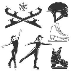 Set of Ice Skate monochrome icon. Set include ice skate, skates blades, helmet, figure skaters silhouette. Winter sport. Vector illustration.