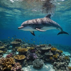 Fototapeta premium A dolphin swimming in crystal-clear water, with colorful coral reefs below.