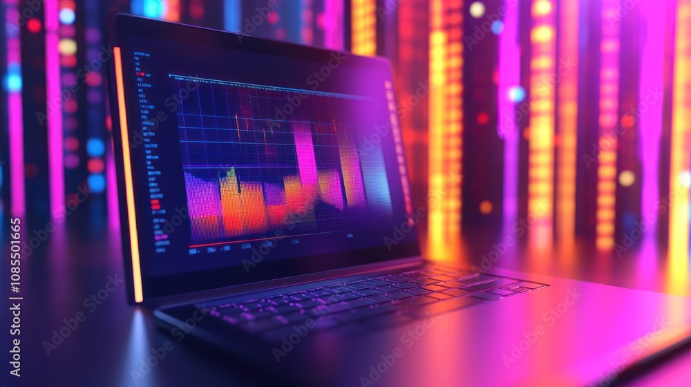 Poster laptop with a data graph on the screen in a neon light background.