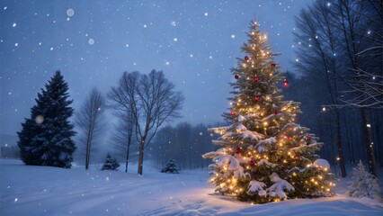 Decorated christmas tree illuminating snowy winter wonderland at night
