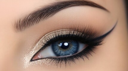 Obraz premium Close-Up View of Dazzling Eye Makeup with Bold Eyeliner, Shimmering Gold Shadows, and Long Lashes Enhancing Stunning Blue Eyes for Beauty Inspiration