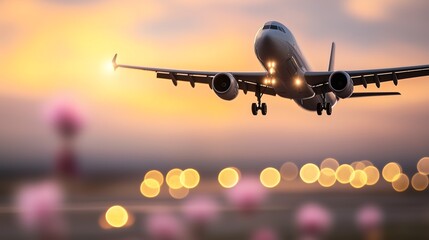Airplane landing during a vibrant sunset, with runway lights glowing in the foreground. Captures the essence of travel and aviation at twilight, emphasizing movement and adventure.