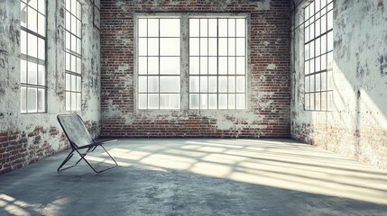 Minimalist Empty Room with Large Windows and a Single Chair, Showcasing Industrial Style and Natural Light in a Contemporary Urban Setting