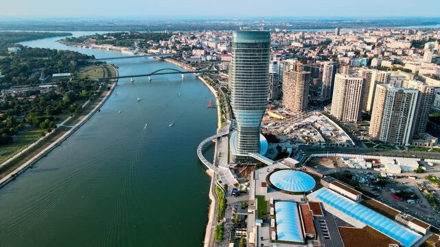 Panoramic view of Belgrade Waterfront, Sava river, Belgrade Tower, Kalemegdan. View from the top of Belgrade Waterfront towers. View at Belgrade Waterfront buildings and Sava river.