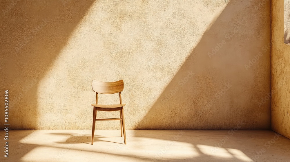 Poster minimalistic wooden chair in bright sunlit room with warm neutral walls and soft shadows creating an