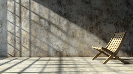 Vintage Wooden Chair in Minimalistic Indoor Space with Natural Light and Textured Walls Casting Intriguing Shadows and Creating a Serene Atmosphere
