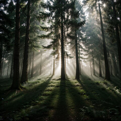 Obraz premium forest with thick fog and tall trees, where sunlight penetrates through the branches in the form of sharp light streaks. The shadows of the fog add a dramatic touch to the whole scene