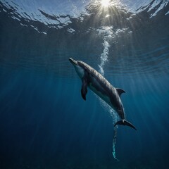 Fototapeta premium A dolphin gliding under the surface, illuminated by shimmering moonlight.
