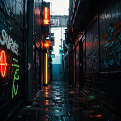 Fototapeta premium Dark and narrow city alley with walls decorated with bright graffiti and neon lights in red, blue and green.