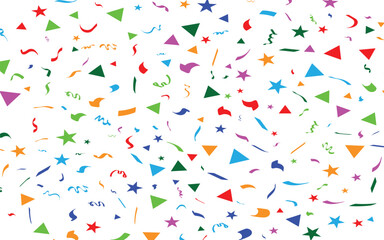 Confetti falling background. Birthday, weeding anniversary, Party, event, festive firework. Multicolored Carnival confetti on white background.