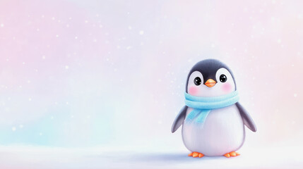 Cute pastel illustration of a penguin wearing a cozy scarf on a winter day. Generative AI