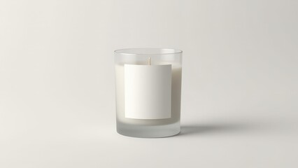 Clean and simple candle mockup white with a frosted glass jar and blank label, perfect for logo design on a minimalist background.