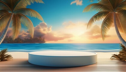 3d podium on a tropical beach with palm trees and a blue ocean background a sunset sky with clouds a panoramic banner for a summer vacation concept banner mock up design template