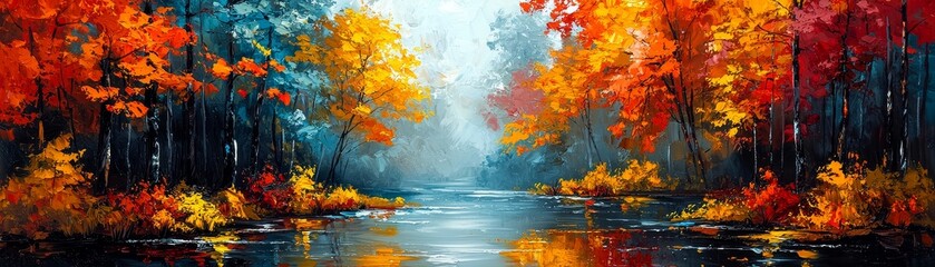 A serene landscape featuring vibrant autumn foliage reflecting in a calm river under a hazy blue sky.