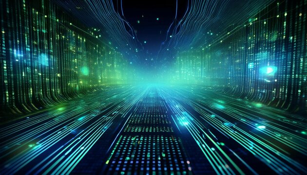 a dense pattern of green and blue binary code forms an intricate cyber grid symbolizing the intricate web of digital communications and technologies