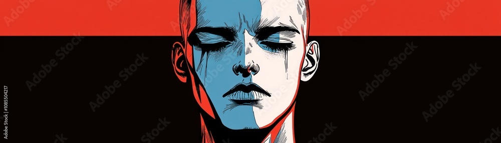 Poster a stylized portrait of a person with a serene expression against a bold color backdrop.