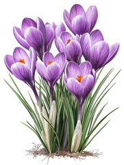 Fototapeta premium Purple crocus flowers bloom vibrantly, showcasing delicate petals and bright orange centers, surrounded by slender green leaves. This beautiful springtime scene evokes sense of renewal and joy