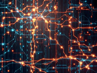 Obraz premium Neural network-inspired digital background with a complex matrix of glowing data pathways and algorithms.