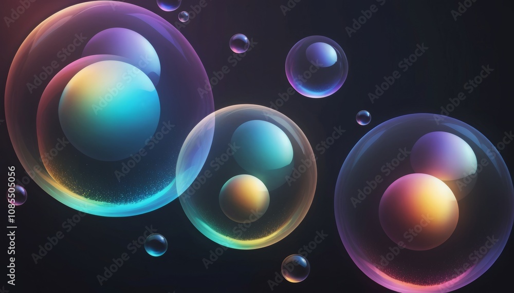 Poster elegant iridescent bubble texture background with glowing spheres on a dark backdrop