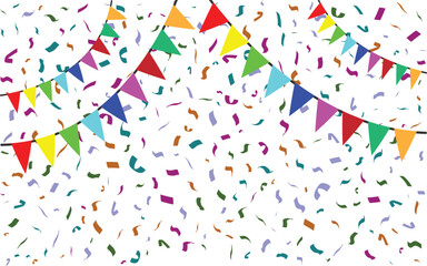 Confetti falling background. Birthday, weeding anniversary, Party, event, festive firework. Multicolored Carnival confetti on white background.