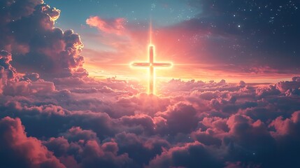 Fototapeta premium Cross of Clouds A Heavenly Beacon of Hope and Divinity at Sunset