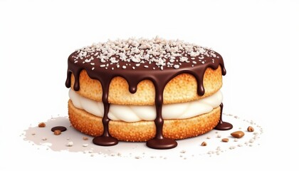 Delicious lamington cake with chocolate frosting and coconut sprinkles, featuring creamy layers