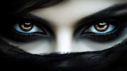 Close-up of Mysterious Woman's Eyes Shrouded in Darkness, Emphasizing Striking Features and Enigmatic Expression, Perfect for Themes of Intrigue and Mystery