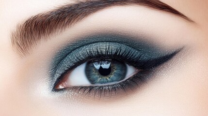 Obraz premium Close-Up of Stunning Eye Makeup Featuring Smoky Eyeshadow, Perfectly Defined Eyeliner, and Mesmerizing Blue-Green Iris in an Elegant Beauty Portrait