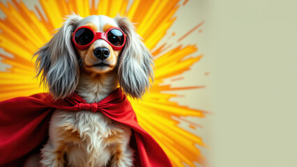 Naklejka premium A cartoon depiction of a heroic-looking dachshund dog wearing sunglasses with a bright background, possibly for pet-themed merchandise or entertainment.