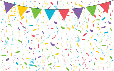 Confetti falling background. Birthday, weeding anniversary, Party, event, festive firework. Multicolored Carnival confetti on white background.