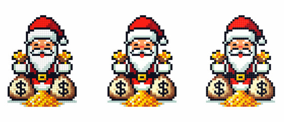Pixel art image shows Santa Claus holding gold coins with two money bags and a pile of gold in front of him.