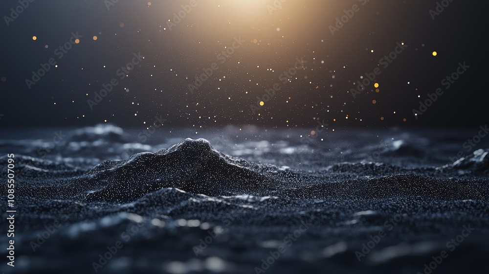 Poster a serene close-up of water droplets hovering above a dark surface, illuminated by a soft light, crea