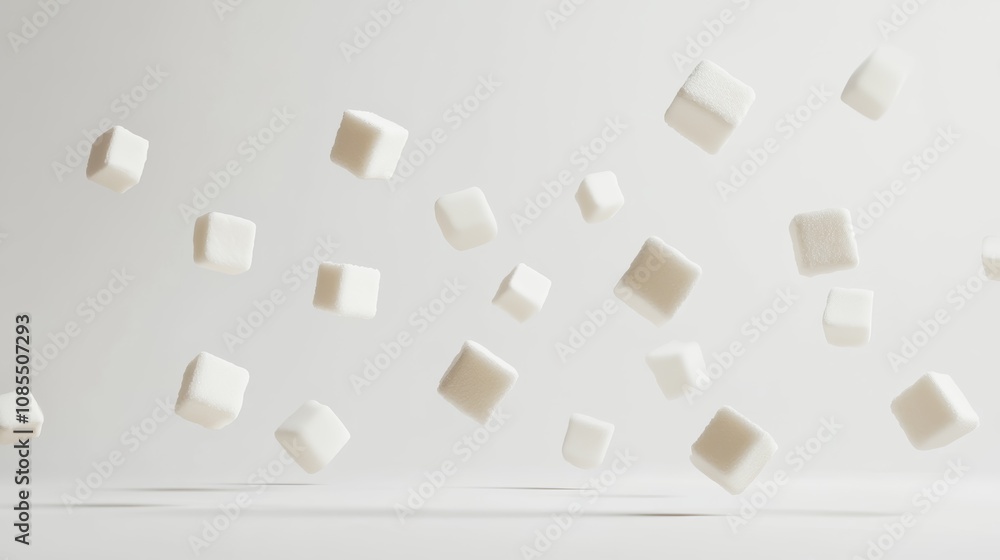 Aufkleber white sugar cubes float against a light gray background, symbolizing sugar related concepts like red