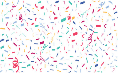 Confetti falling background. Birthday, weeding anniversary, Party, event, festive firework. Multicolored Carnival confetti on white background.