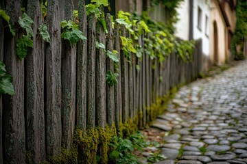 Fototapeta premium A charming wooden fence covered in ivy and moss, lining a cobblestone path through a historic village, evoking a sense of timeless beauty and old-world charm.