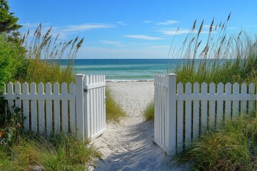 A quaint white fence with an open gate, leading to a beachfront cottage with sandy paths, beach grass, and a view of the ocean, creating a serene coastal scene.