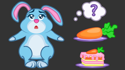 Fluffy bunny chooses between carrots & carrot cake. Vitamins or Carbohydrates. Vegetable, sweet. Сharacter сute animal for illustration on social and developmental topics for children. Healthy eating.