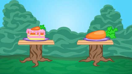 Carrot and Cake. Meadow, stumps, tables with food. Educational game for children. Proper healthy nutrition. Social development of the child on the topic of health. Background forest for cute cartoon.
