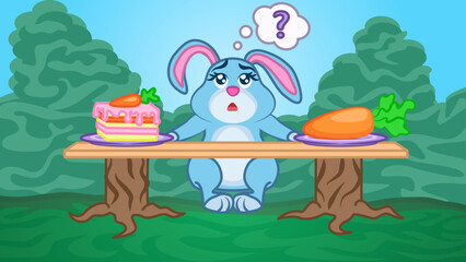 Fluffy bunny chooses between carrots & carrot cake. Vitamins or Carbohydrates. Vegetable, sweet. Сharacter сute animal for illustration on social and developmental topics for children. Healthy eating.