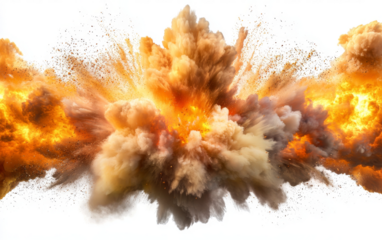 dramatic explosion with fiery orange and yellow flames erupts, sending clouds of smoke and debris into air. intense energy and dynamic movement create powerful visual impact