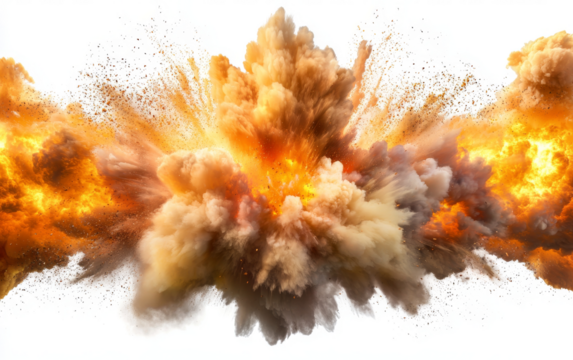 dramatic explosion with fiery orange and yellow flames erupts, sending clouds of smoke and debris into air. intense energy and dynamic movement create powerful visual impact