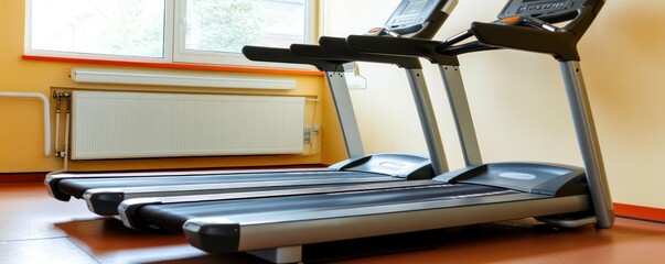 A gym setting featuring three treadmills for exercise and fitness activities.